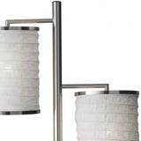 Three Light Floor Lamp Brushed Steel with White Fabric Lanterns