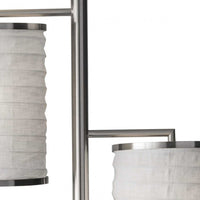 Three Light Floor Lamp Brushed Steel with White Fabric Lanterns