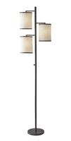 Three Light Floor Lamp Brushed Steel with White Fabric Lanterns