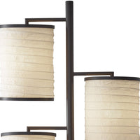 Three Light Floor Lamp Brushed Steel with White Fabric Lanterns