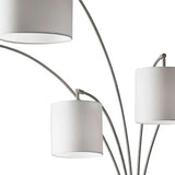 Five Light Floor Lamp Brushed Steel Arc Arms and Petite White Drum Shades