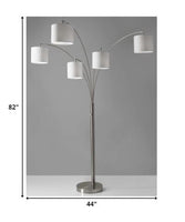 Five Light Floor Lamp Brushed Steel Arc Arms and Petite White Drum Shades