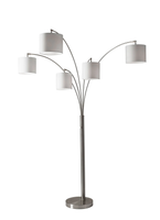 Five Light Floor Lamp Brushed Steel Arc Arms and Petite White Drum Shades