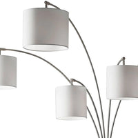 Five Light Floor Lamp Brushed Steel Arc Arms and Petite White Drum Shades