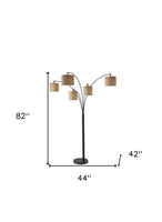 Five Light Floor Lamp Brushed Steel Arc Arms and Petite White Drum Shades