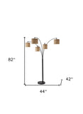 Five Light Floor Lamp Brushed Steel Arc Arms and Petite White Drum Shades