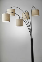 Five Light Floor Lamp Brushed Steel Arc Arms and Petite White Drum Shades