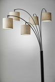 Five Light Floor Lamp Brushed Steel Arc Arms and Petite White Drum Shades