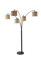 Five Light Floor Lamp Brushed Steel Arc Arms and Petite White Drum Shades