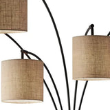 Five Light Floor Lamp Brushed Steel Arc Arms and Petite White Drum Shades