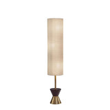 Brass Wood Diabolo Floor Lamp with Tall Textured Beige Shade