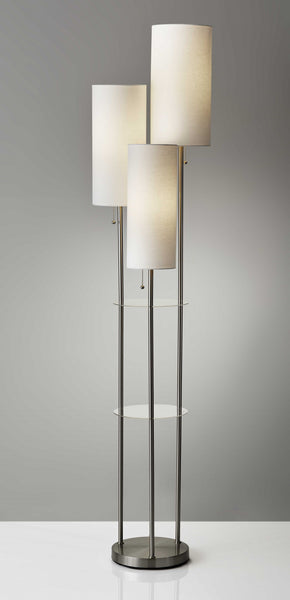 Three Light Floor Lamp in Brushed Steel with Two Clear Storage Shelves