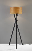 Architectonic Black Wood Tripod Floor Lamp with Rustic Wood Grain Shade