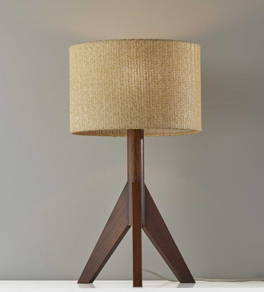 Natural Wood Tripod Base with Grey Felt Tapered Drum Shade Table Lamp