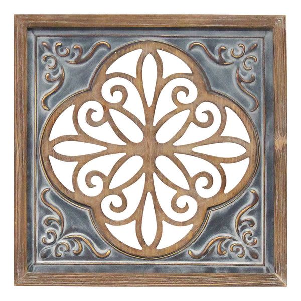 Distressed Blue Enamel Metal and Wood Framed Wall Art