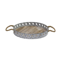 16 Rustic Round Grey Wash Metal and Wood Tray