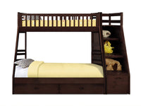 Brown Finish Twin over Twin Staircase Bunk Bed with Trundle and Storage