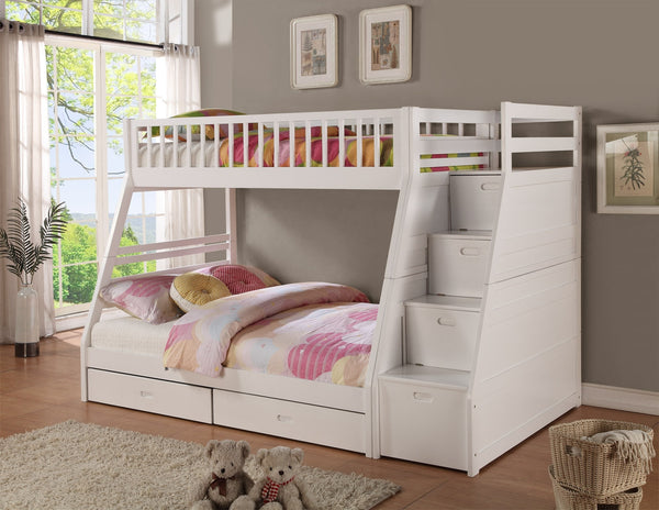 White Finish Twin over Twin Staircase Bunk Bed with Trundle and Storage