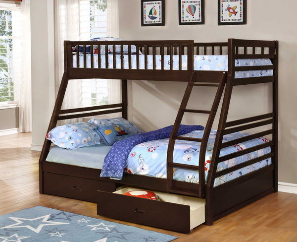 Contemporary Oak Finish Twin over Full Bunk Bed with Storage