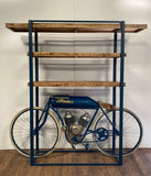 Blue Metal Mango Wood Cycle Book Shelf Bar Counter