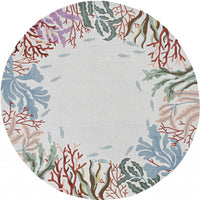 8' Ivory Hand Hooked Bordered Coral Reef Round Indoor Area Rug