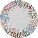 8' Ivory Hand Hooked Bordered Coral Reef Round Indoor Area Rug