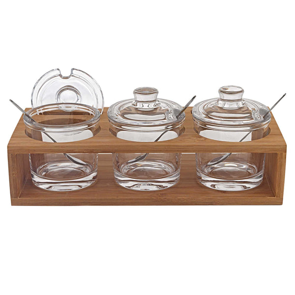 6 Mouth Blown Crystal Jam Set With 3 Glass Jars and Spoons on a Wood Stand