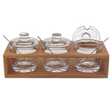 6 Mouth Blown Crystal Jam Set With 3 Glass Jars and Spoons on a Wood Stand