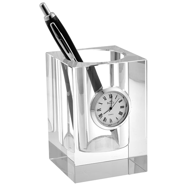 4 Hand Crafted Crystal Pen or Pencil Holder with Clock