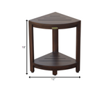 Compact Triangular Teak Shower Outdoor Bench with Shelf in Brown Finish