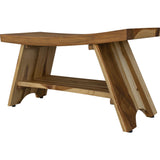 Compact Curvilinear Teak Shower Outdoor Bench with Shelf in Natural Finish