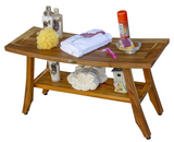 Compact Curvilinear Teak Shower Outdoor Bench with Shelf in Natural Finish
