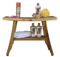 Compact Teak Rectangular Shower  Outdoor Bench with Shelf in Natural Finish