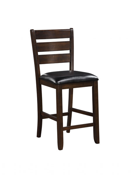 Set of 2 41' Dark Wood Finish and Black Faux Leather Ladder Back Counter Height Chairs
