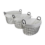 Set of 3 Oval White Lined and Metal Wire Baskets with Handles