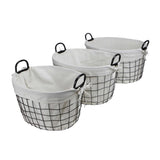 Set of 3 Oval White Lined and Metal Wire Baskets with Handles