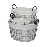 Set of 3 Oval White Lined and Metal Wire Baskets with Handles