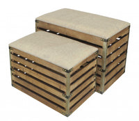 Set of 2 Rectangular Brown Linen Fabric and Wood Slats Storage Benches