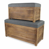 Set of 2 Rectangular Gray Linen Fabric and Wood Storage Benches