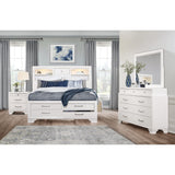 White Rubberwood Queen Bed with bookshelves Headboard  LED lightning  6 Drawers