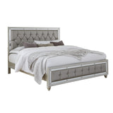 Silver Champagne Tone Queen Bed  Padded Headboard  Padded Footboard  Mirror Trim Accents
