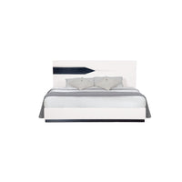 White Tone Queen Bed with Dark Grey Zebrano details On Headboard and Bottom Rail Accent