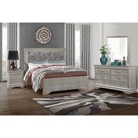 Silver Tone Rubberwood King Bed with Clean Line Headboard and Footboard