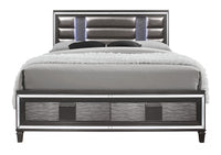Majestic Metallic Grey Queen Bed with LED Lightning Upholstered Headboard  2 Footboard Drawer