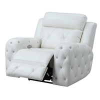 White Leather Gel Cover Power Recliner in Plushily Padded Seats  Jewel Embellished Tufted Design  Along With Recessed Arm