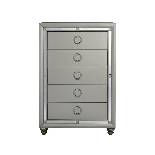 Silver Champagne Tone Chest with Mirror Trim Accent  5 Drawers