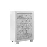 Modern White Chest with 5 Faux Marble Detailed Front Drawer.