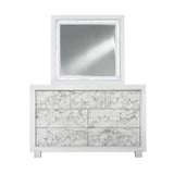 Modern White Dresser with 7 Faux Marble Detailed Front Drawer.