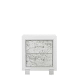 Modern White Nightstand with 2 Faux Marble Detailed Front Drawer.