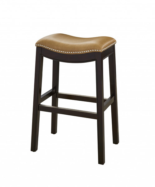 30" Espresso and Carmel Saddle Style Counter Height Bar Stool